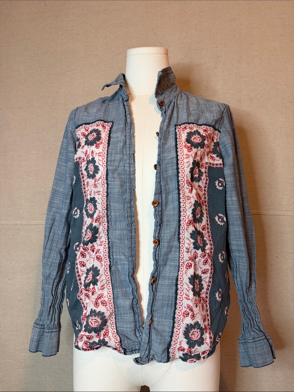 Free People Blue Floral Patchwork Button-Up Shirt size small